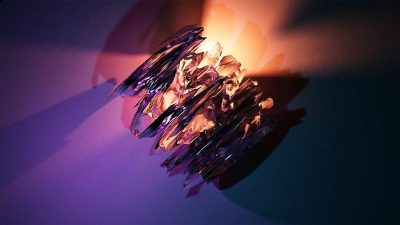 A photorealistic 3D render of an abstract shape made from glass shards, floating in the air with purple and blue lighting. The background is dark and indistinct to highlight the sharp edges of each blade. It is a closeup shot focusing on their intricate details and reflections, with soft shadows cast by surrounding lights in the style of surrounding lights.