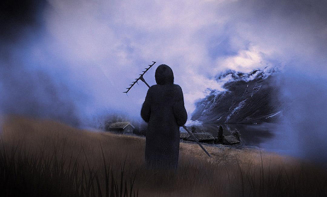 A mysterious figure in black robes stands on the edge of an ancient village, holding two long bones with sharp angles and blades at their ends. The scene is set against a backdrop of rolling hills leading to misty mountains shrouded by clouds. In front of him lies a field covered in tall grasses, while behind it can be seen small huts made from wood or stones. A faint light emanates from within one house. It’s night time, and as he walks forward his silhouette shines through the darkness.