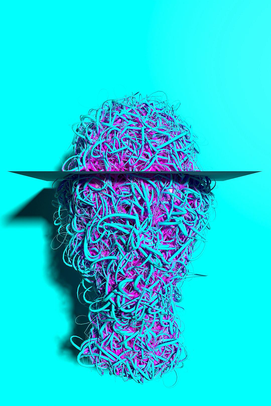 3d render of cyan and magenta wires forming the shape of half human head with hat, solid background, minimalistic