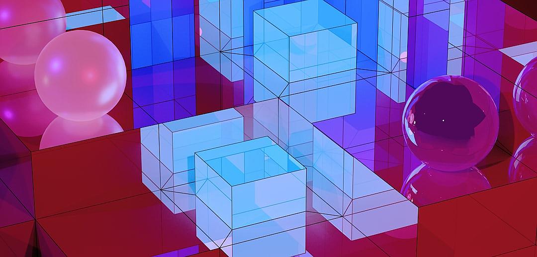 3D rendering of colorful cubes and spheres on a red background. In the style of cinema4D, with light purple and blue colors, at 20 megapixels. The scene is filled with a sense of technology, featuring various geometric shapes. It includes three dimensional objects such as squares, circles or sphere-like figures. There is an atmosphere of futuristic design and abstract art. A pink ball floats in front of the cube, adding to its vibrant color scheme.