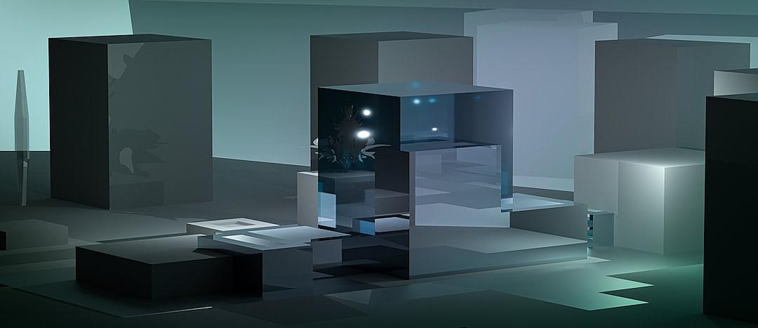 A minimalistic room with several cubes, in the center of one cube is a holographic person looking at the camera, the light shines on him from behind, simple shapes, low poly style, monochromatic color scheme, cartoonish yet realistic details, in the style of Pixar and Ghibli, ambient lighting, high resolution.