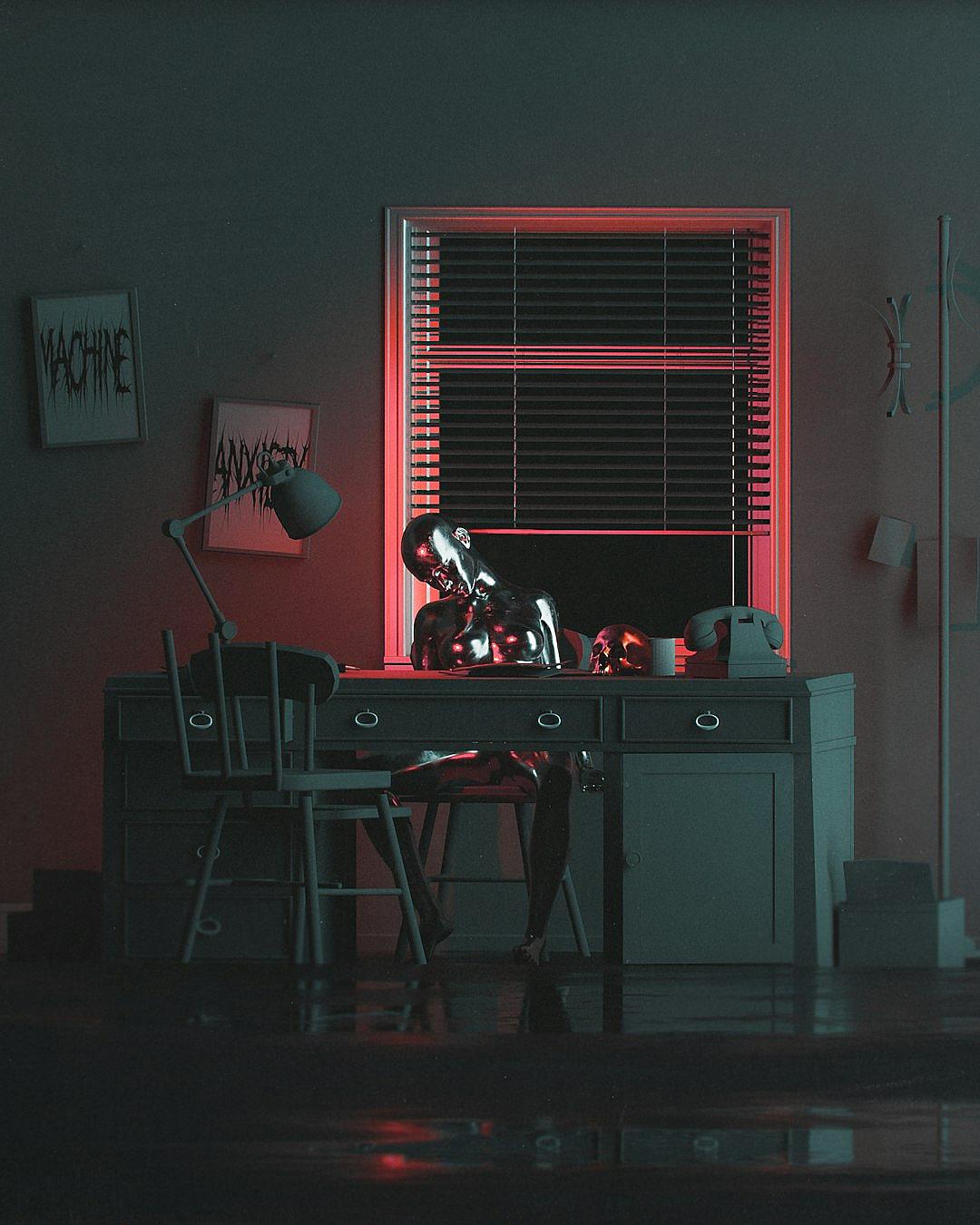 A photo of an alien sitting at a desk in front of a window, in a black and red room with a neon sign on the wall reading “MJavaNever associates It self With A Machine”, a minimalistic room with a dark atmosphere and moody, surrealistic, low key, cinematic style, in the style of [Wes Anderson](https://goo.gl/search?artist%20Wes%20Anderson).