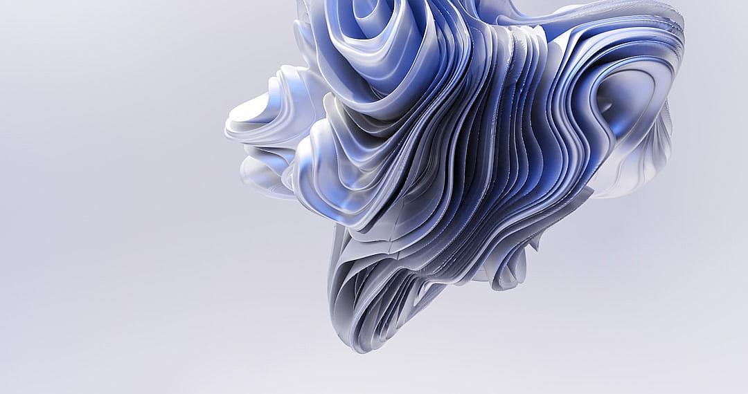 Abstract 3D design of an elegant blue and white paper wave, symbolizing the flow or graceful movement of text in motion. The wave is made from layers of textured papers that create depth and texture. It’s floating against a clean background with soft lighting to highlight its fluidity and organic shape. This visual representation represents digital marketing for a fashion brand using AI technology in the style of flowing water.