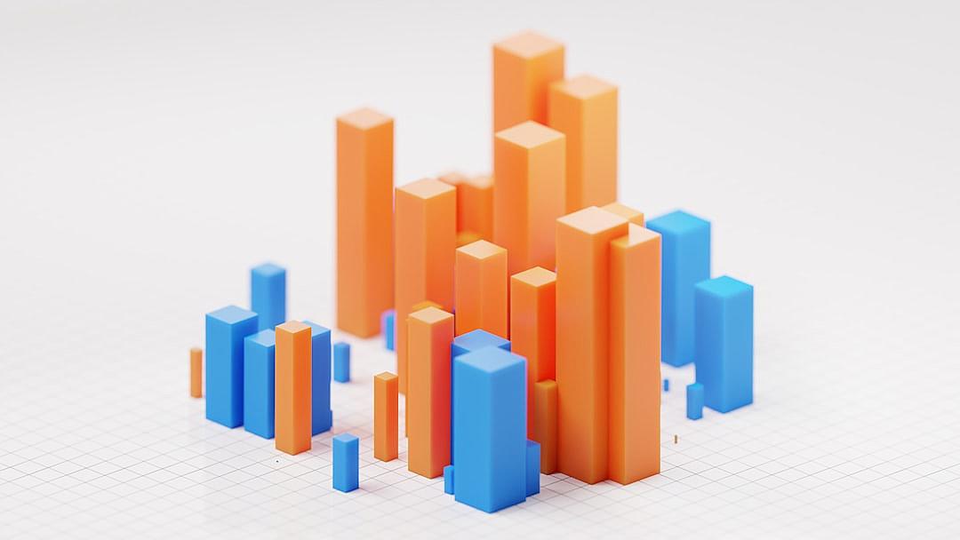 3d isometric orange and blue bar graph on white background, orange bars should be more prominent than the blue ones