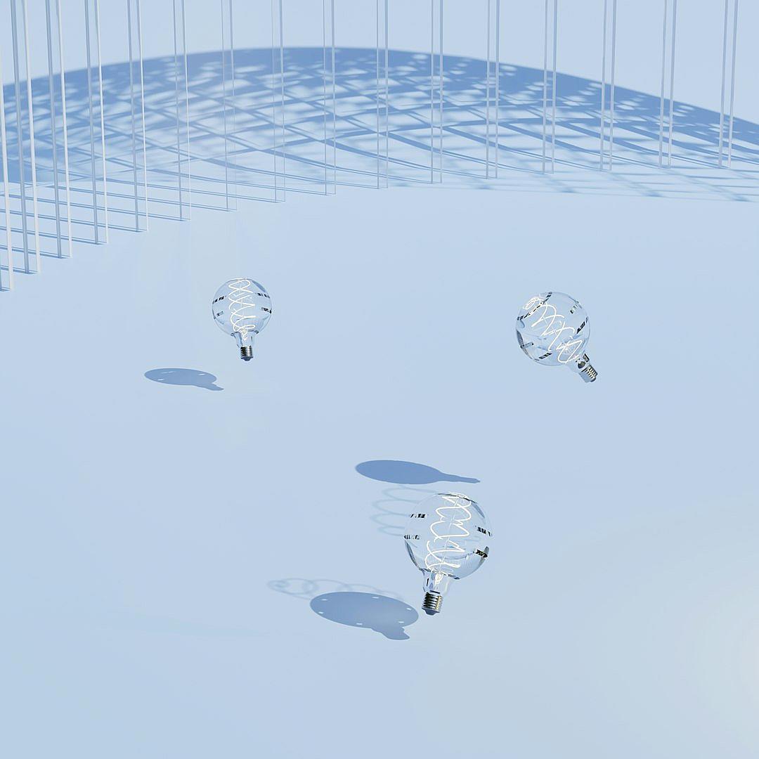 A light blue background with three white transparent glass hot air balloons floating in the center of an empty space, surrounded by several white metal mesh structures. The scene is illuminated by soft and uniform lighting that casts gentle shadows on the ground, creating a minimalist yet vibrant atmosphere. This design gives off calmness and tranquility, making people feel relaxed. in the style of Hsiao Ron Cheng.