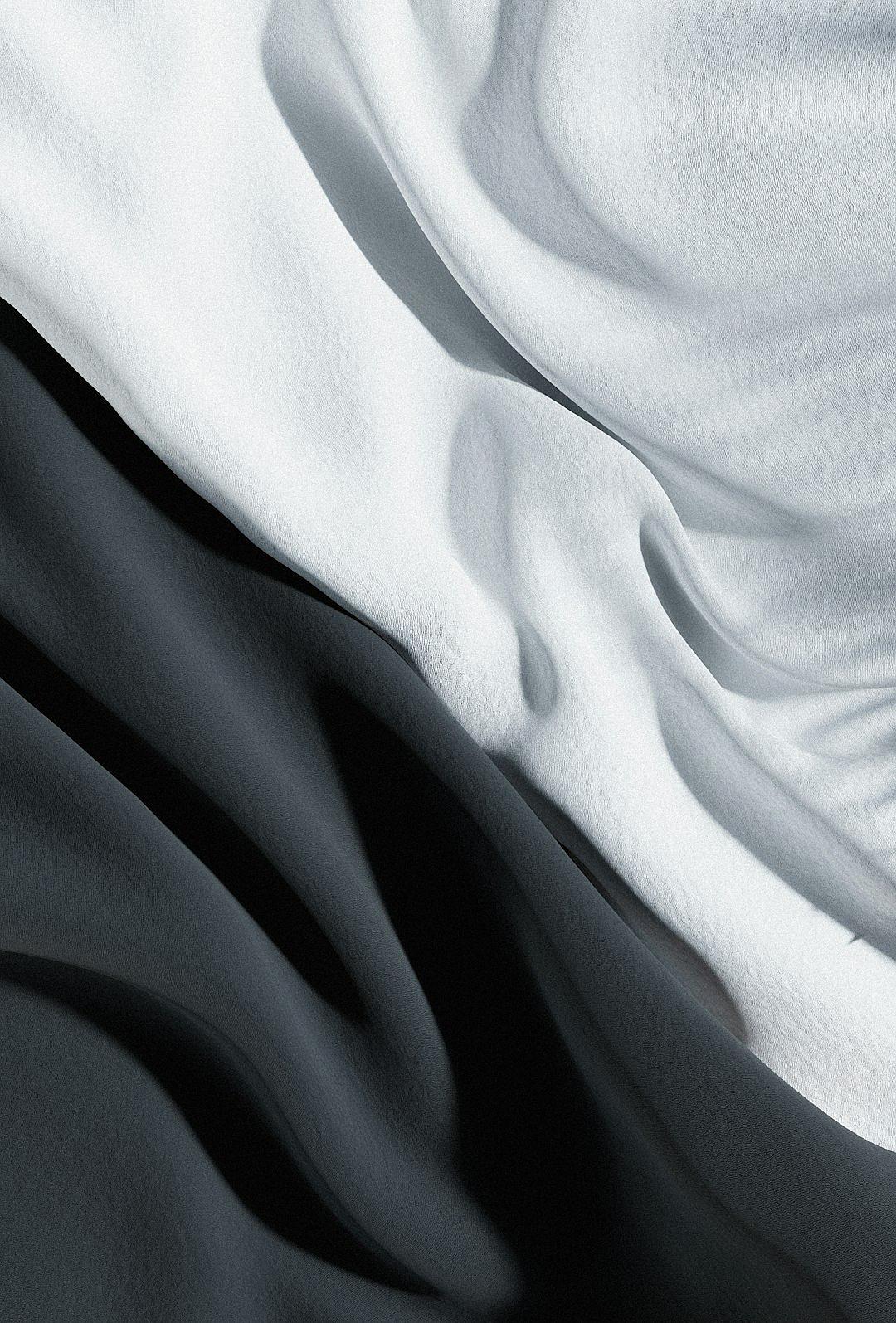 A highresolution closeup of the edge between black and white silk fabric, with a background of undulating snow dunes. The silk texture is delicate and smooth, creating an elegant contrast against the stark winter landscape. This composition emphasizes the fine details in  textures, blending luxury fashion with nature’s beauty. Soft lighting highlights intricate folds on each side of the scarf, creating depth and dimensionality.