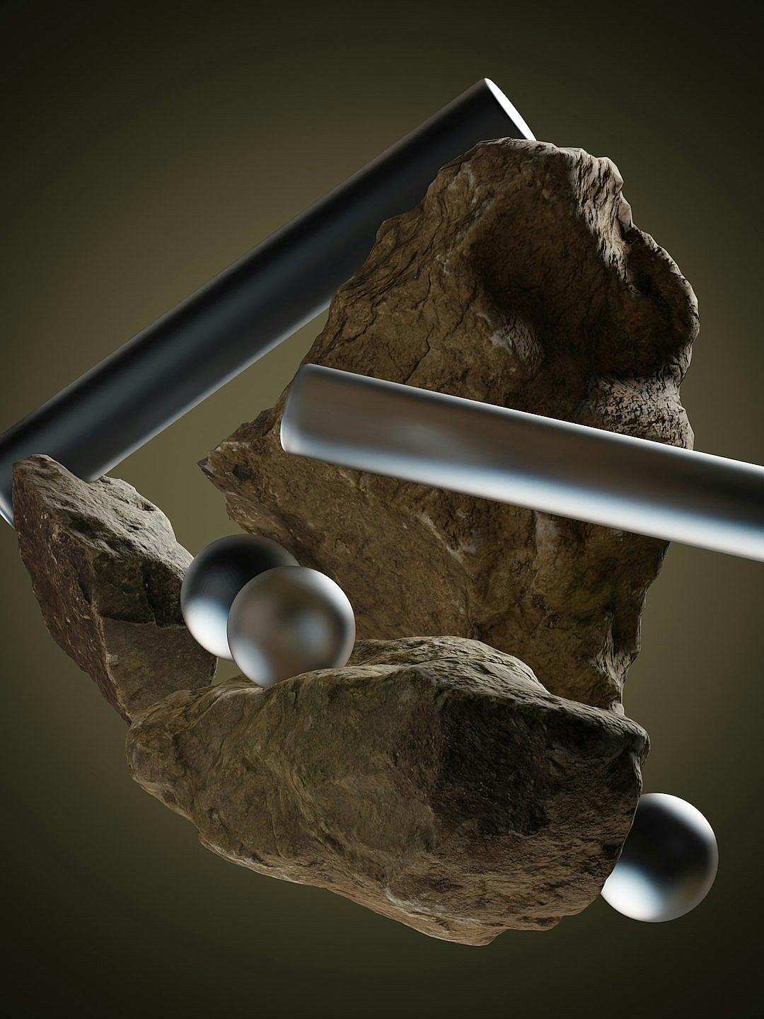 A long thin metal bar is being held up in the style of two rocks and three spheres. The rock on top of it has an iron beam going through its center, all rendered in Cinema4D.