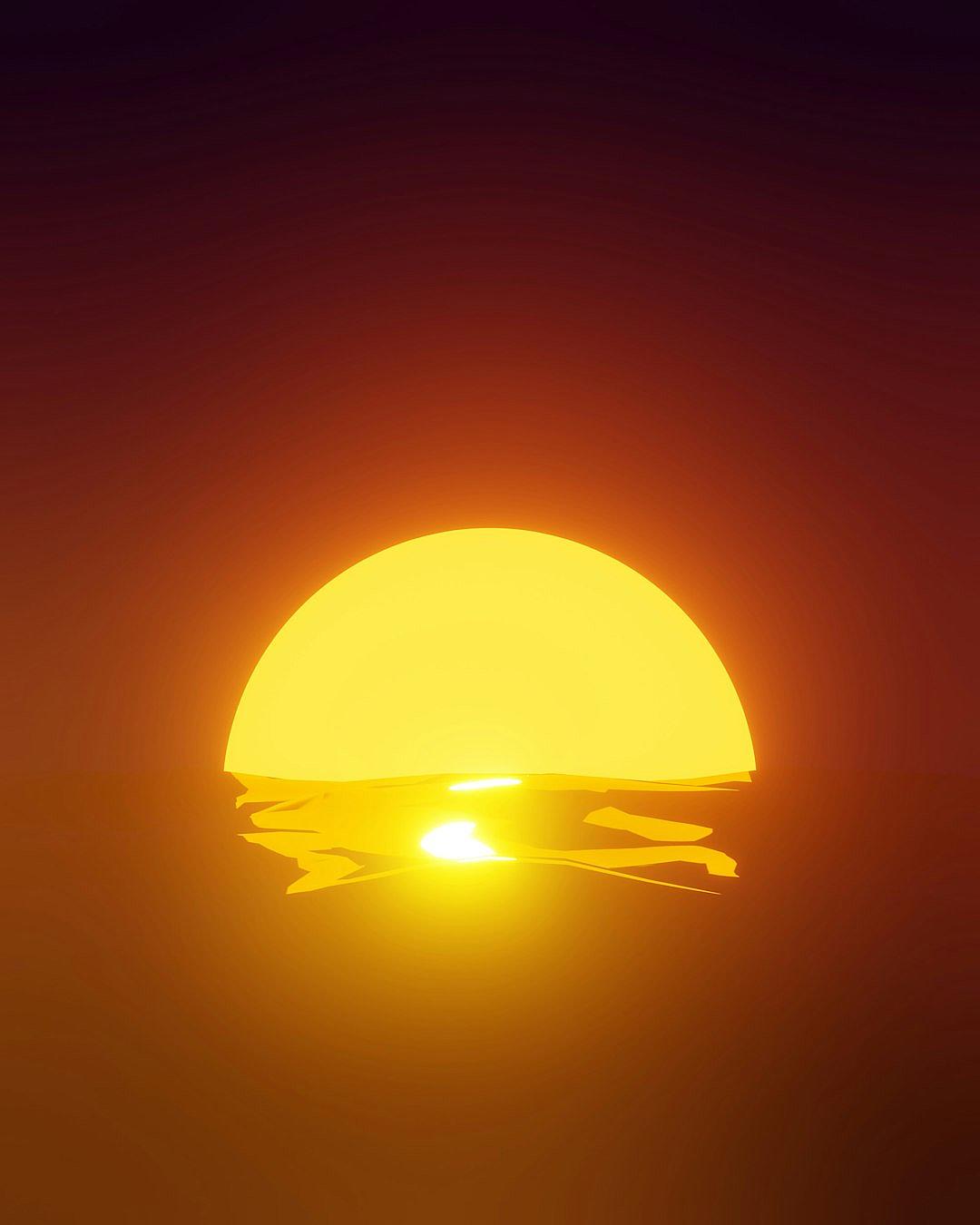 A yellow sun setting on the horizon, warm colors, simple, vector art in the style of flat design, hyper realistic in the style of octane render, 3d, cinematic.