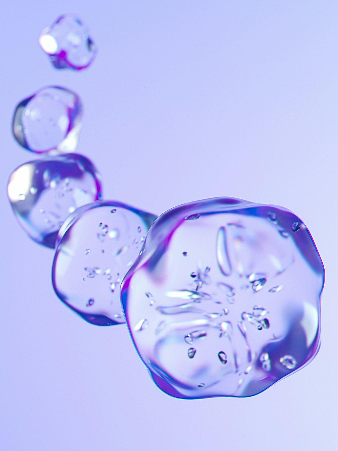 A few purple bubbles are floating in the air, forming an abstract shape like flower petals. The style is minimalistic with a light blue background. It is transparent and clean with a gradient of colors and soft lighting. The closeup shot has high resolution photography with super detail and the best quality, like a product or studio shot taken with a macro lens.