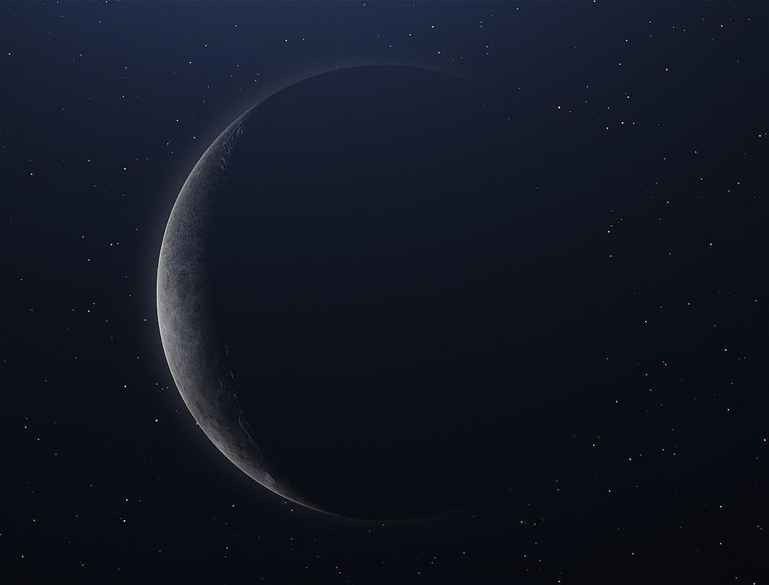 A simple crescent moon with stars in the background, dark grey gradient background, hyper realistic, cinematic, dark lighting, ultra wide shot