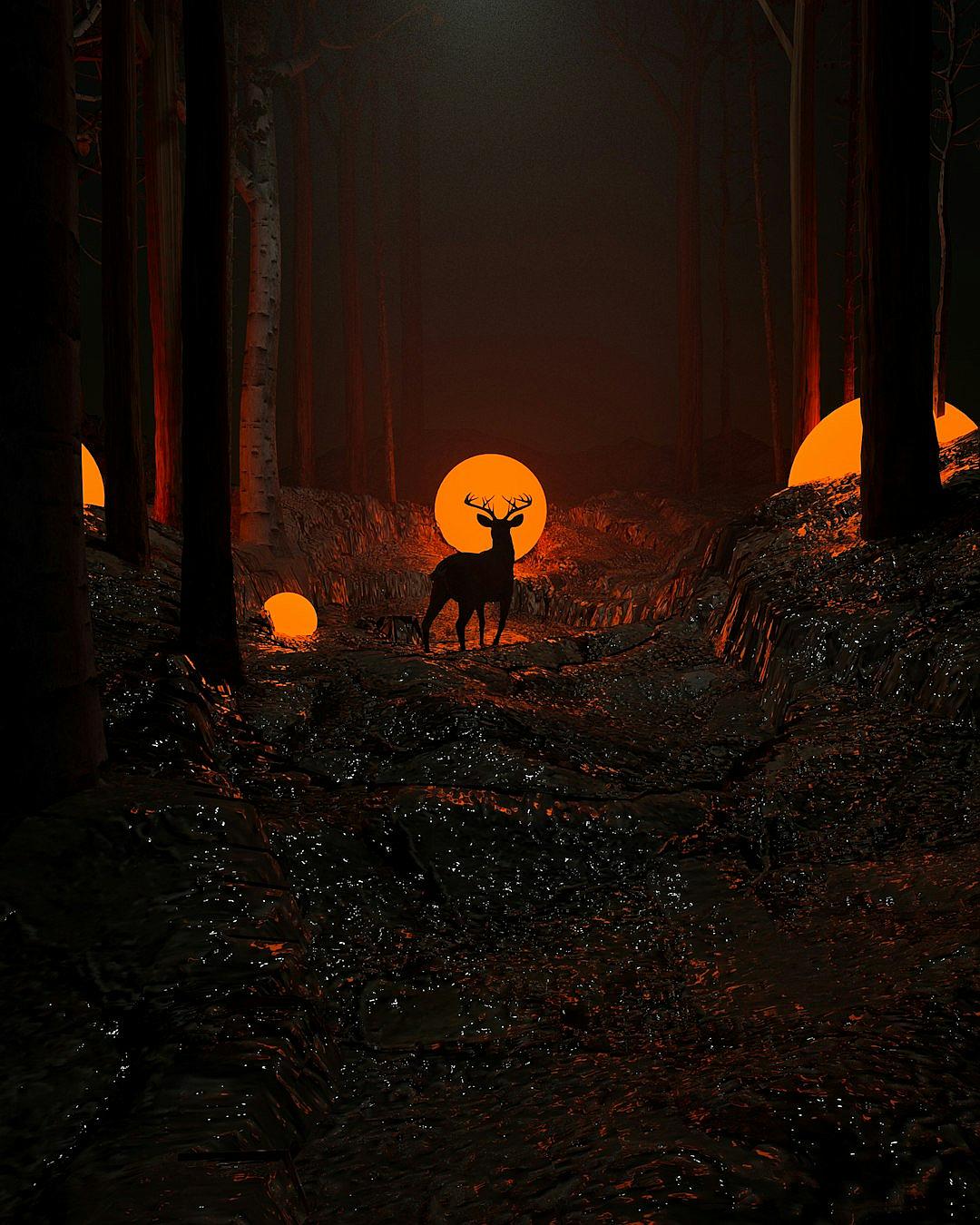 dark forest, glowing deer in the distance, orange moonlight, black ground, orange lighting, night time, horror aesthetic, hyper realistic photography