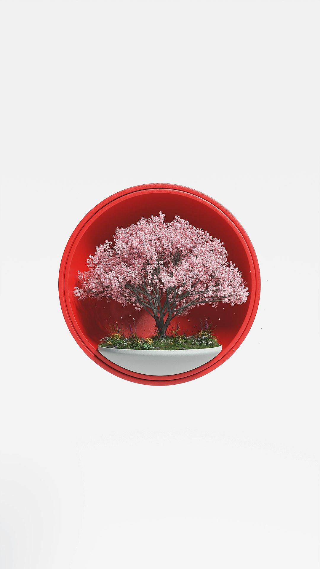 A cherry blossom bonsai in the center of an oval red plastic tray, against a white background, in a minimalist style with a simple design and bright colors, in the style of Japanese art as a digital illustration and 3D rendering with studio lighting at a high resolution.