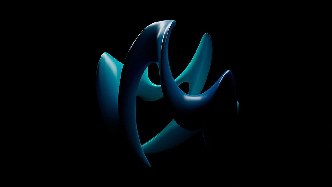 3D render of an abstract logo in cyan and black colors against a dark background. The simple shape features fluid shapes and smooth curves with rounded edges exhibiting dynamic symmetry.