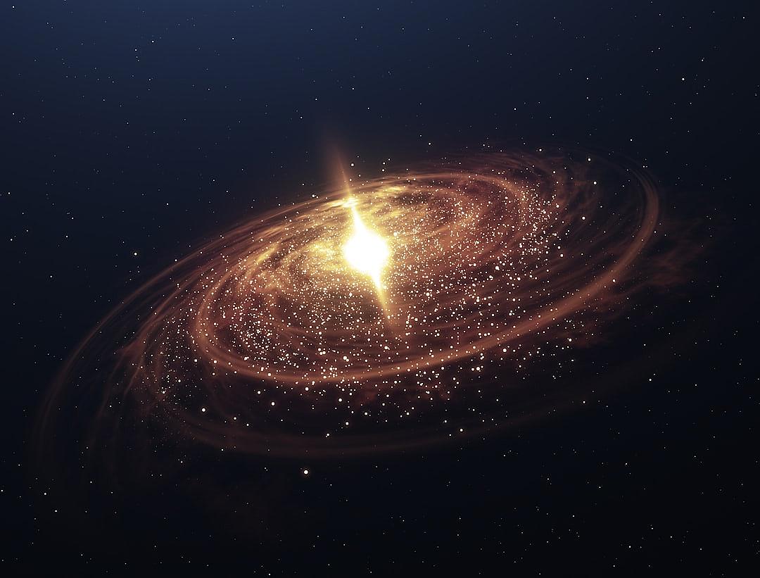 A realistic illustration of the Milky Way galaxy, centered around an explosion in space, swirling with stars and glowing gold against a dark background. The image is high resolution, high quality and highly detailed with intricate details and sharp focus, in the style of a studio photo.