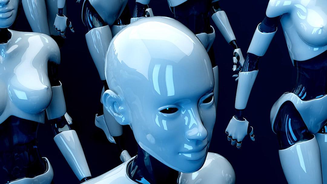 Blue humanoid robot faces, all facing the same direction, in a dark blue background. The scene is full of high-tech robots with smooth skin and shiny eyes, all in shades of light navy blue. They appear to be living together as an advanced group or family within their own AI community in the style of an advanced group or family.