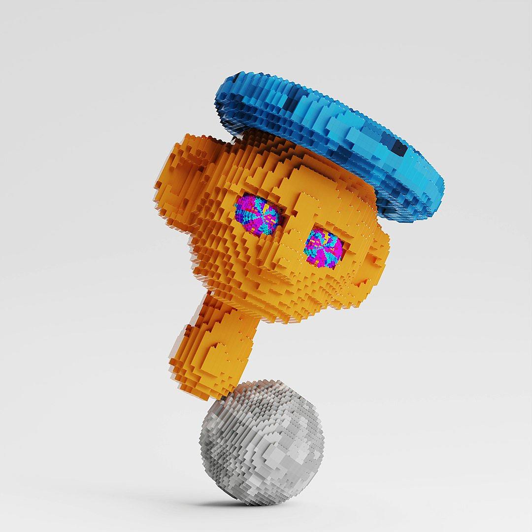 3D isometric rendering of a yellow and blue Lego figure with eyes, wearing an oversized hat made out of small pieces of plastic, balancing on the top tip of a silver disco ball against a white background. The hat is in the style of Lego pieces.