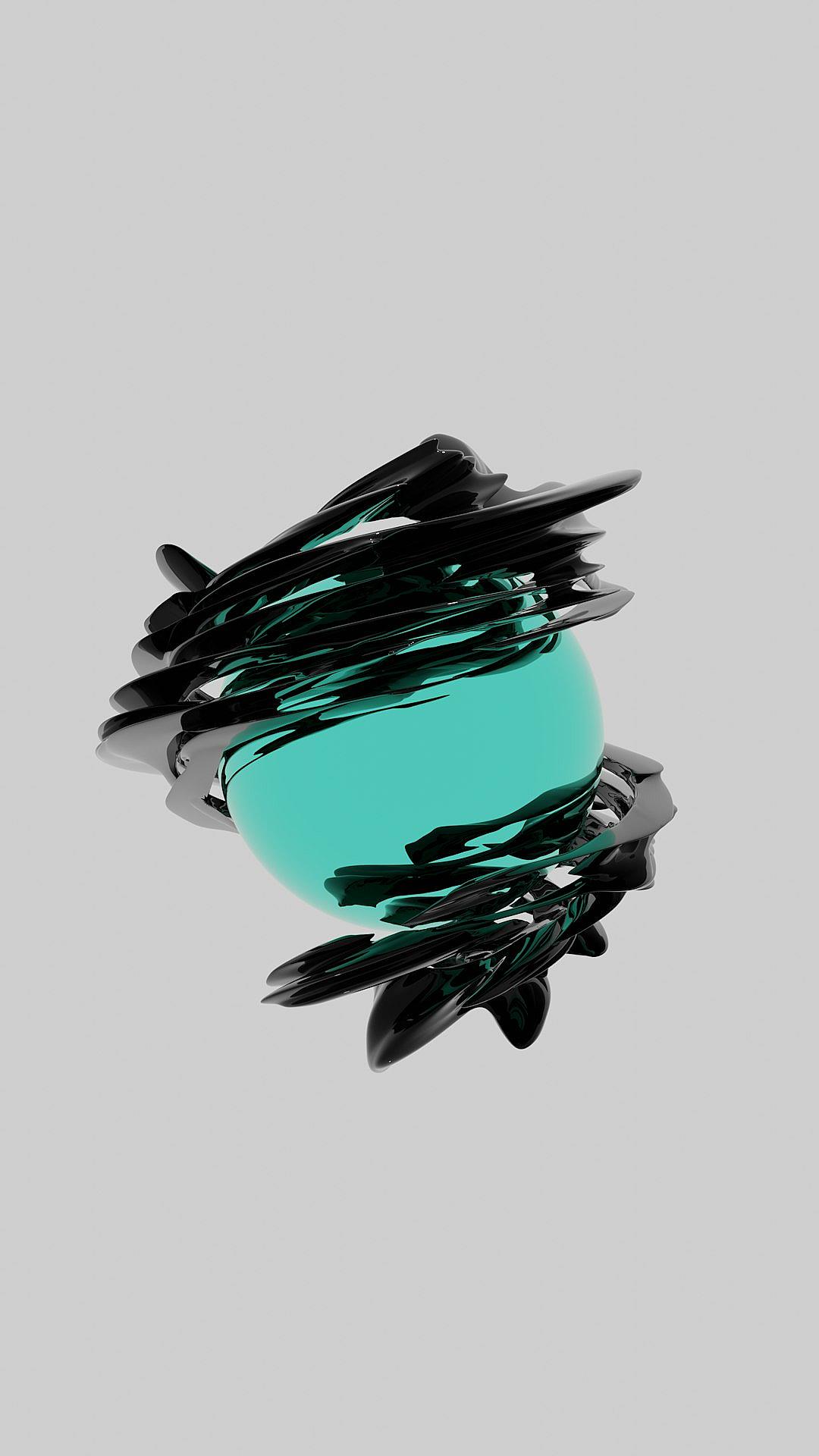 3D black abstract fluid shape floating in the air, with teal glass inside of it, on a grey background. A minimalistic design with simple shapes and a monochromatic color scheme. Digital art in the style of Ronan G Genetic Designs featuring fantasy elements and macro photography.