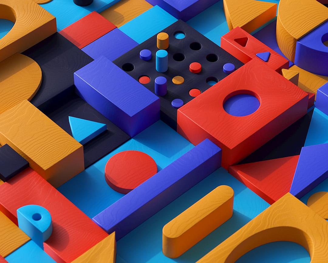 A colorful and playful illustration of isometric shapes and geometric figures made from wood blocks in bold primary colors in the style of 3d render with no background.