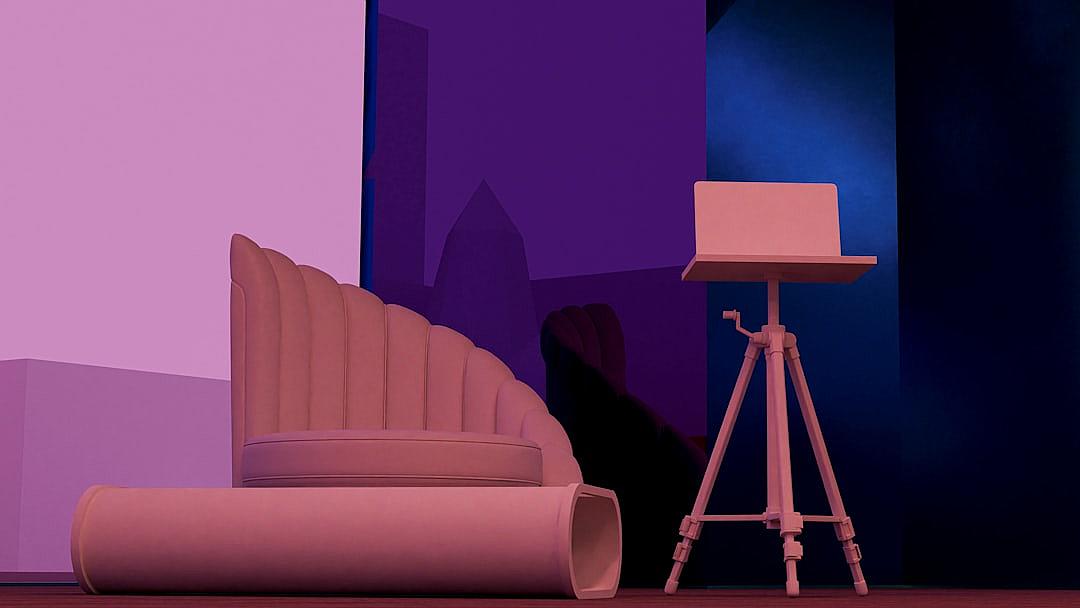 A simple set design of an armchair and easel on stage, with a purple background, in a minimalistic, vector art style in the style of Pixar, a 3d render in the style of Octane rendering, with studio lighting, a symmetrical composition, pastel colors, depicting modern architecture with a monochromatic color scheme, including shadows and light reflections, with hyper realistic details at a high resolution, featuring cinematic lights, an epic composition, using volumetric lighting, with sharp focus on super detailed elements.