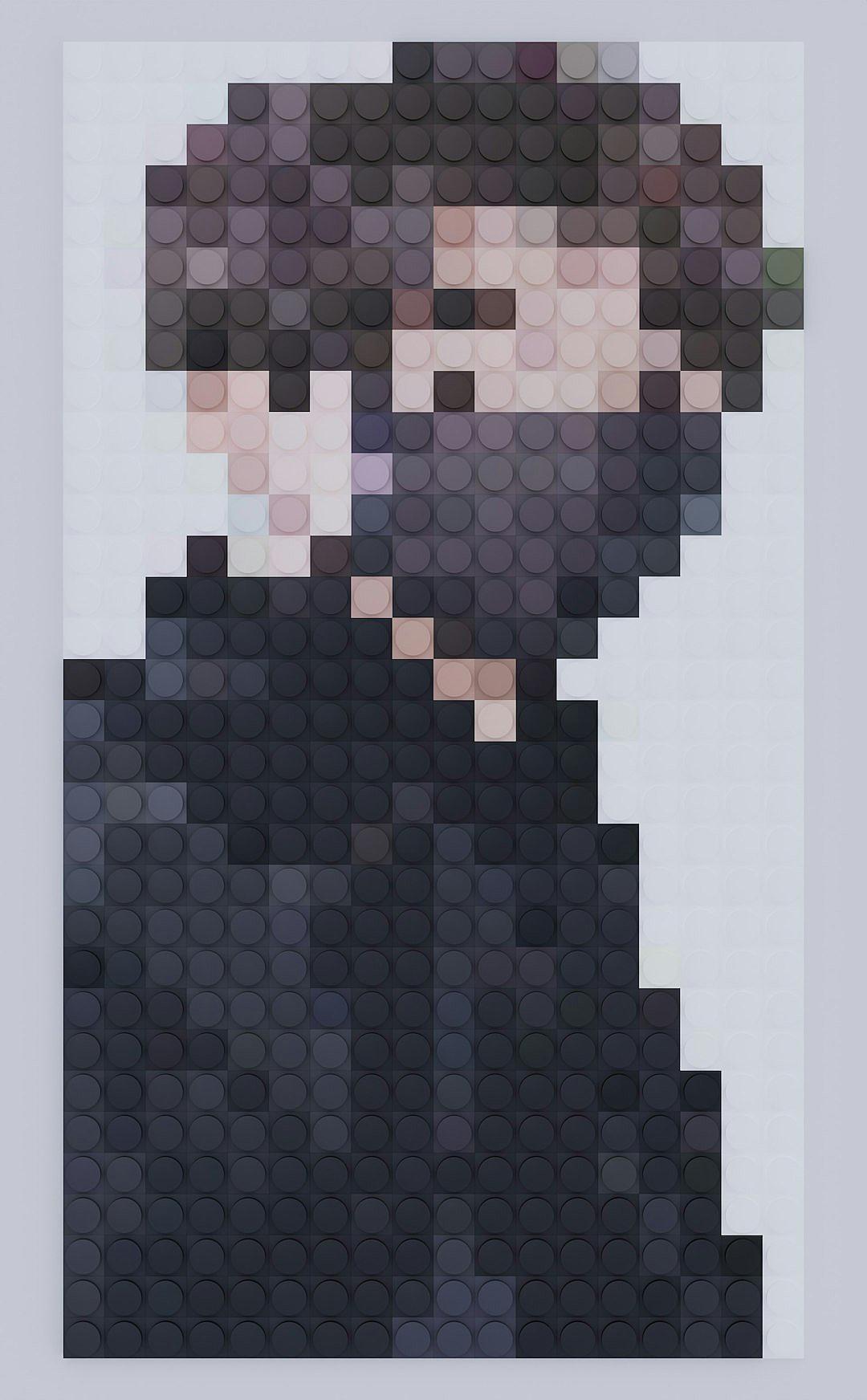 A portrait of small pixelated LEGO bricks arranged to form the shape and face of Alan Rickman as dungeon master in dark grey robes against a white background in a minimalist style.