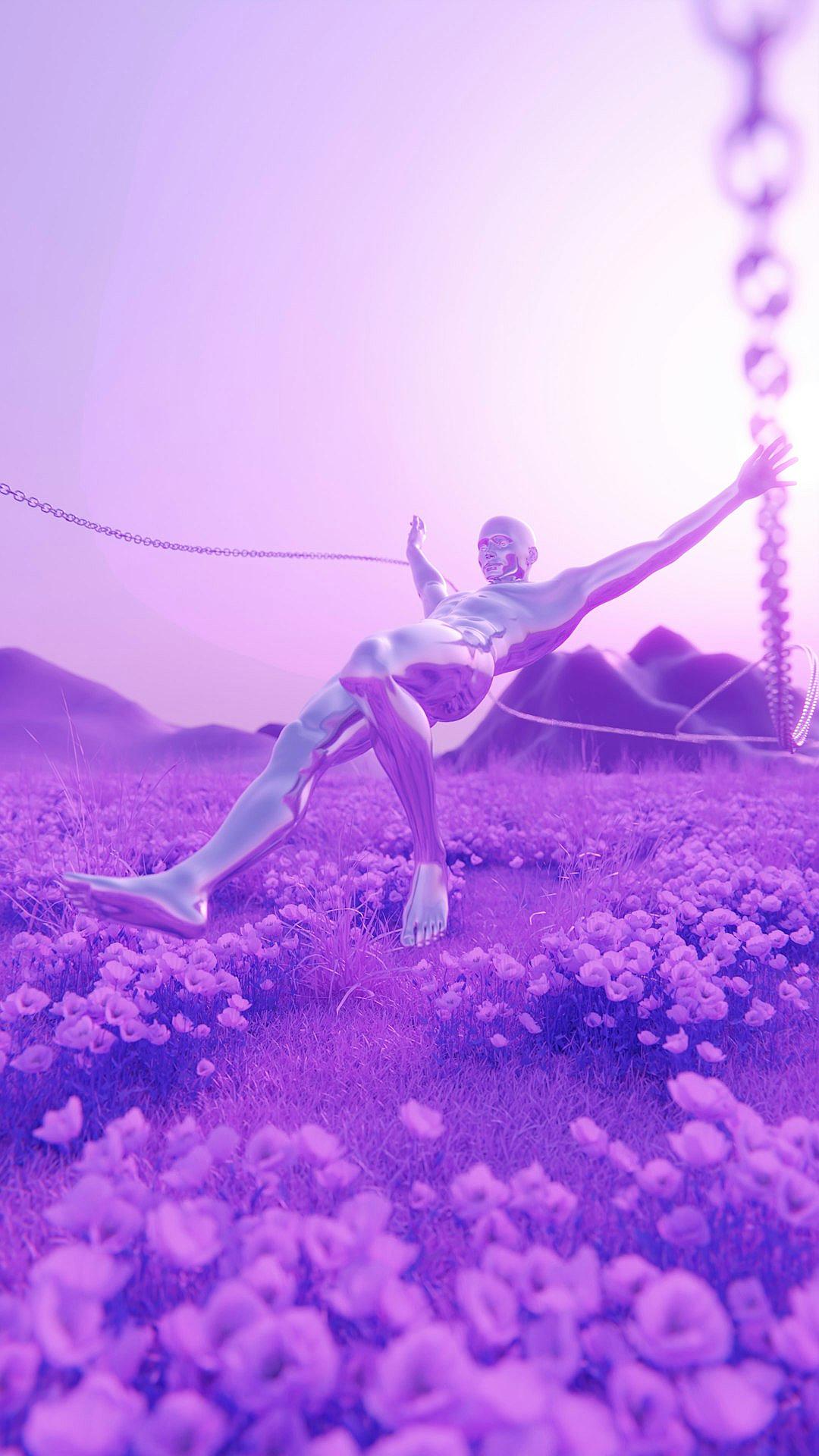 3D render of the Silver Surfer doing the split on his chain while levitating in a purple field with flowers, floating chains and crystals against a pink sky in a low angle shot. The surreal scene was rendered with the Unreal Engine and Octane Rendering for hyper detailed, cinematic quality with studio lighting and high resolution photography, showcasing insanely sharp details and intricate detail in the style of a surreal artist.