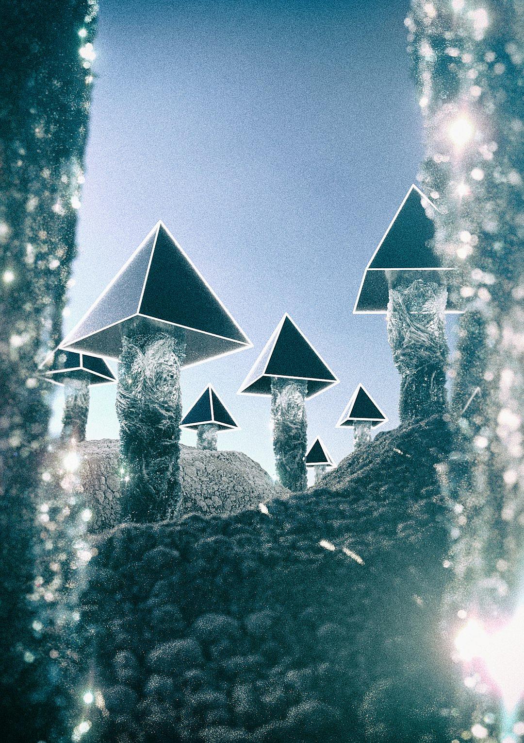 Refined vintage photo of mushrooms growing in the shape of pyramids, shimmering and luminous, blue sky, in the style of surrealism, 70s atmosphere,