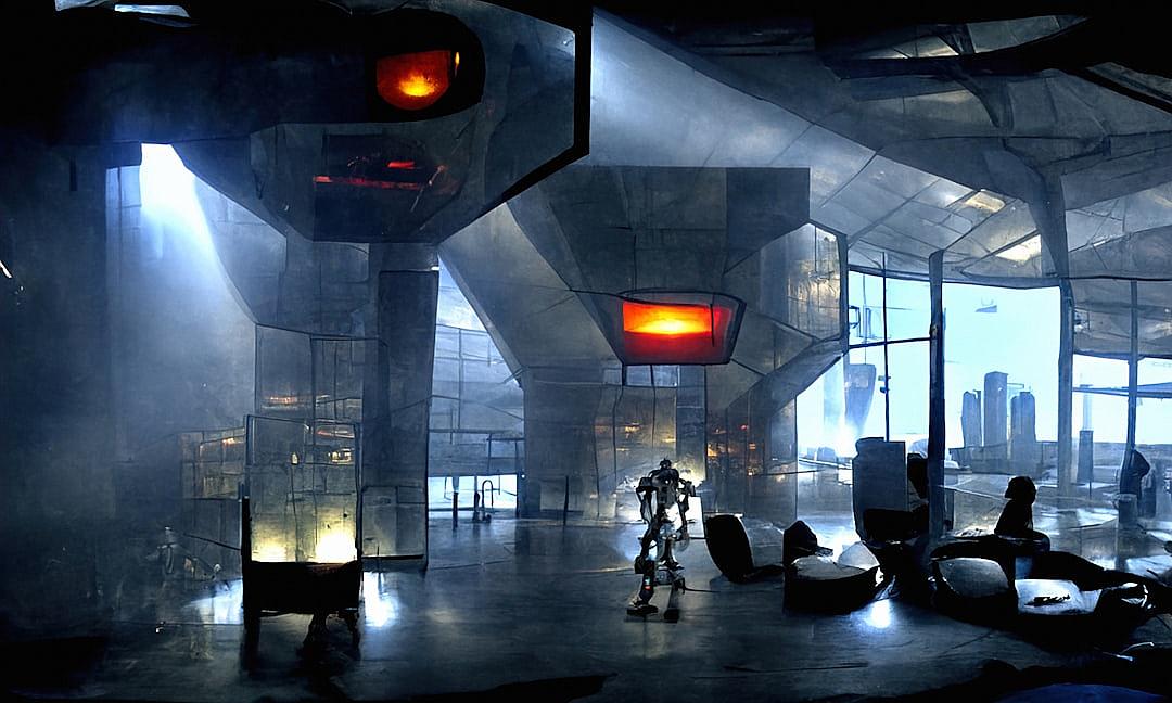 A futuristic, sci-fi style interior of an industrial building with high ceilings and large windows overlooking the city skyline. The scene includes advanced robotic figures moving around in dynamic poses within various areas like office space, lab equipment area, or lounge seating. There is an atmosphere filled with misty light, creating a mysterious yet inviting ambiance. In one corner there is a glowing red sign on top of two columns that says ‘Softg disruptive AI technology’ in the style of futuristic concept art.