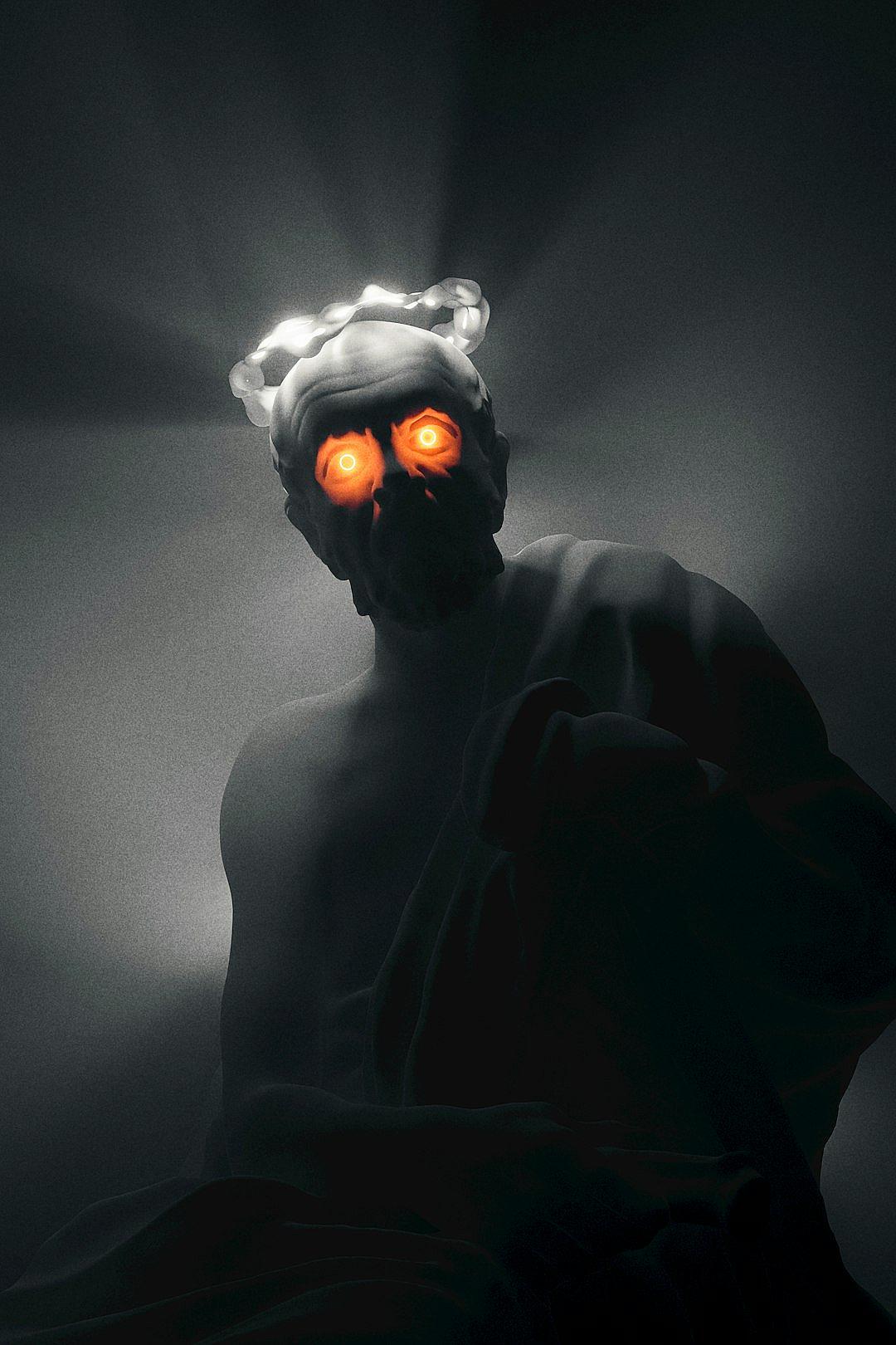 Realistic shot of an ancient Greek sculpture with glowing eyes in the dark, surrounded by darkness and shadows. The figure is made of black marble with white hair on top of its head, and it has orange lights shining from behind, giving off an eerie glow that adds to its mysterious aura. It sits in front of a gray background, illuminated only by light coming from above. This creates a dramatic effect as if there’s more going on than just being in the style of spirits.