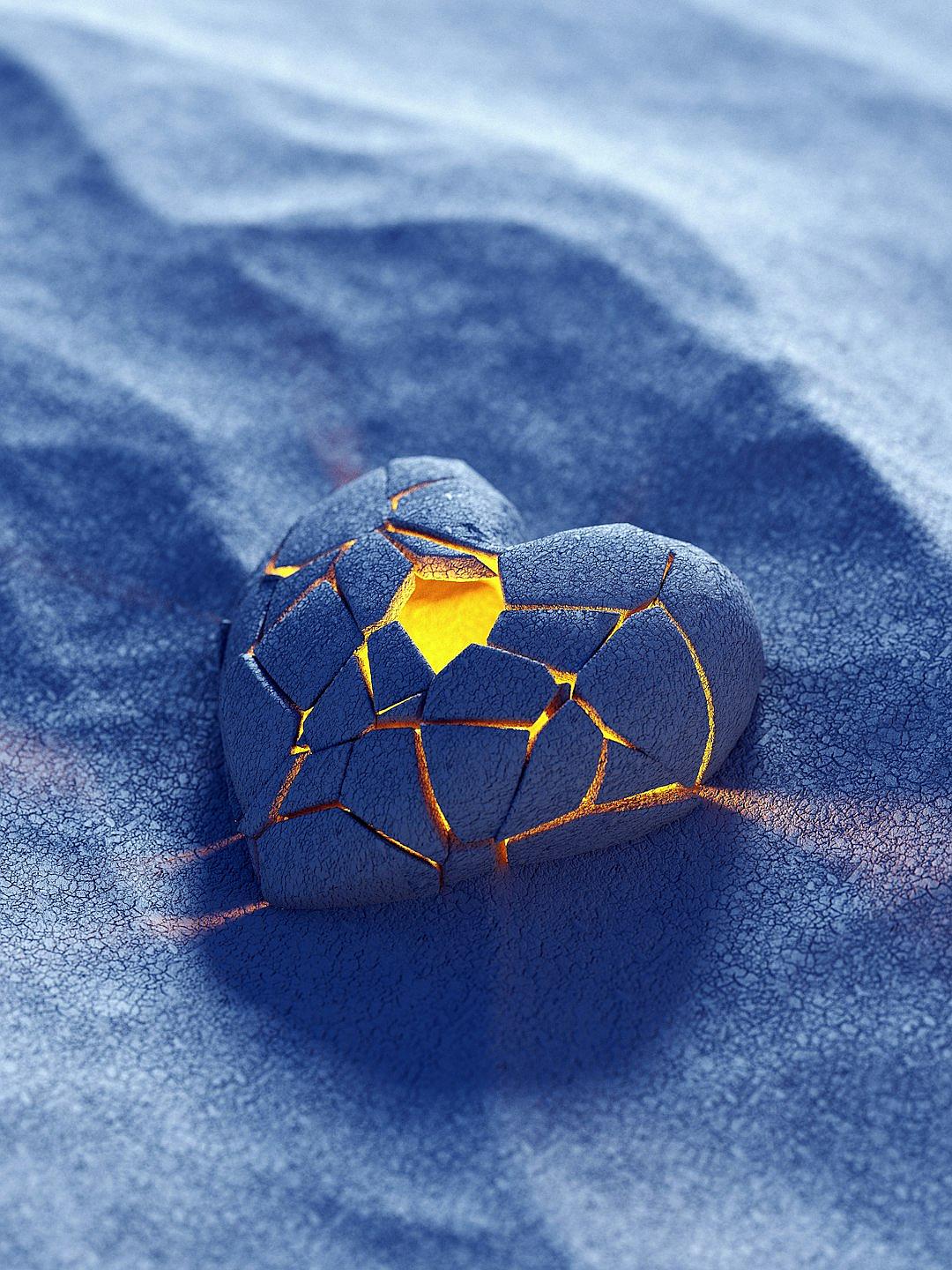 A broken heart made of blue sand, with golden cracks and yellow light shining through the cracks. The background is a deep blue sea beach, with ripples in shades of gray and white. High definition photography, closeup shots, high resolution, high details, delicate textures, bright colors, warm tones, sad emotions. in the style of.