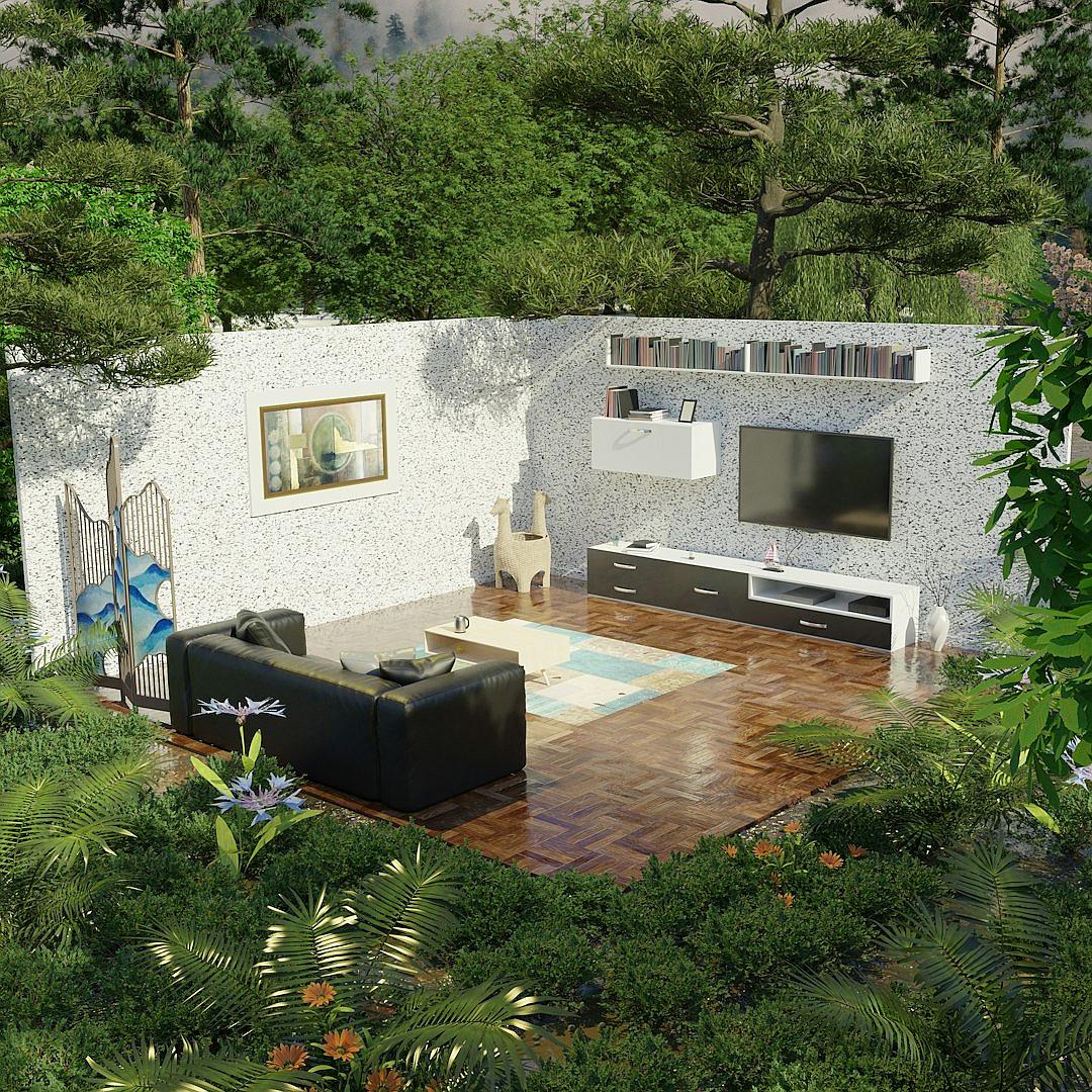 3d rendering of an outdoor living room with TV and sofa, surrounded by lush greenery. The walls have white terrazzo tiles with black veins, creating contrast against the vibrant colors of nature outside. A book shelf is visible on one wall, adding character to the space. In front of it lies an area for seating, perfect as an eyecatching focal point in your garden or yard. This visual composition captures natural beauty while offering comfort indoors.