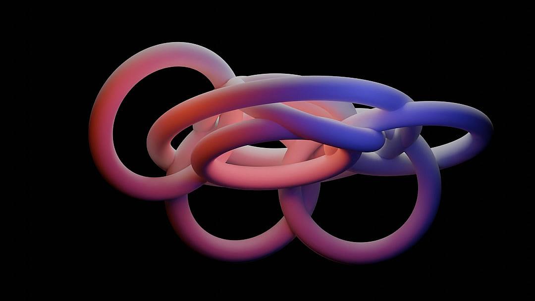 A three-dimensional, purple and pink gradient colored, red clay ring in the shape of an S-shaped knot with four rings interlaced on top, black background, 3D rendering, C4d, blender, in the style of an Asian artist.