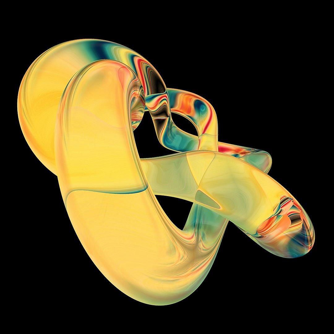 A yellow, glassy ribbon with a colorful gradient is wrapped around the black background. The abstract shape resembles an Xshaped knot and has smooth curves that create a sense of movement. It appears to be floating in midair against a dark backdrop, which highlights its vibrant colors. There’s no visible texture on the surface of the ribbonlike it seems made out only from liquid plastic or glass creating an effect reminiscent of soft light.