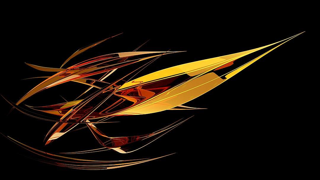 abstract shapes in gold and black in the style of a vector design, isolated on a dark background in a futuristic style with sharp edges like digital art or a 3d render with a dynamic composition of sharp angles at a high resolution in a hyper realistic and very detailed style like an octane rendering with motion blur in an epic composition in a cyberpunk style with sharp focus and cinematic lighting that is dramatic.