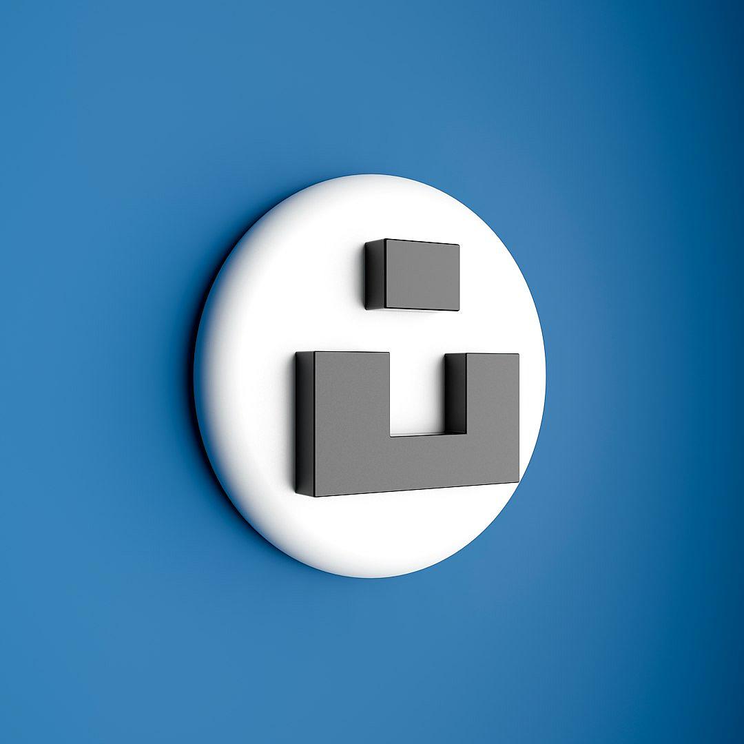 3D render of a minimalistic, simple, clean logo with the letter “L” on a blue background, with white circle and grey square elements, in a simple design, with a white matte plastic material.