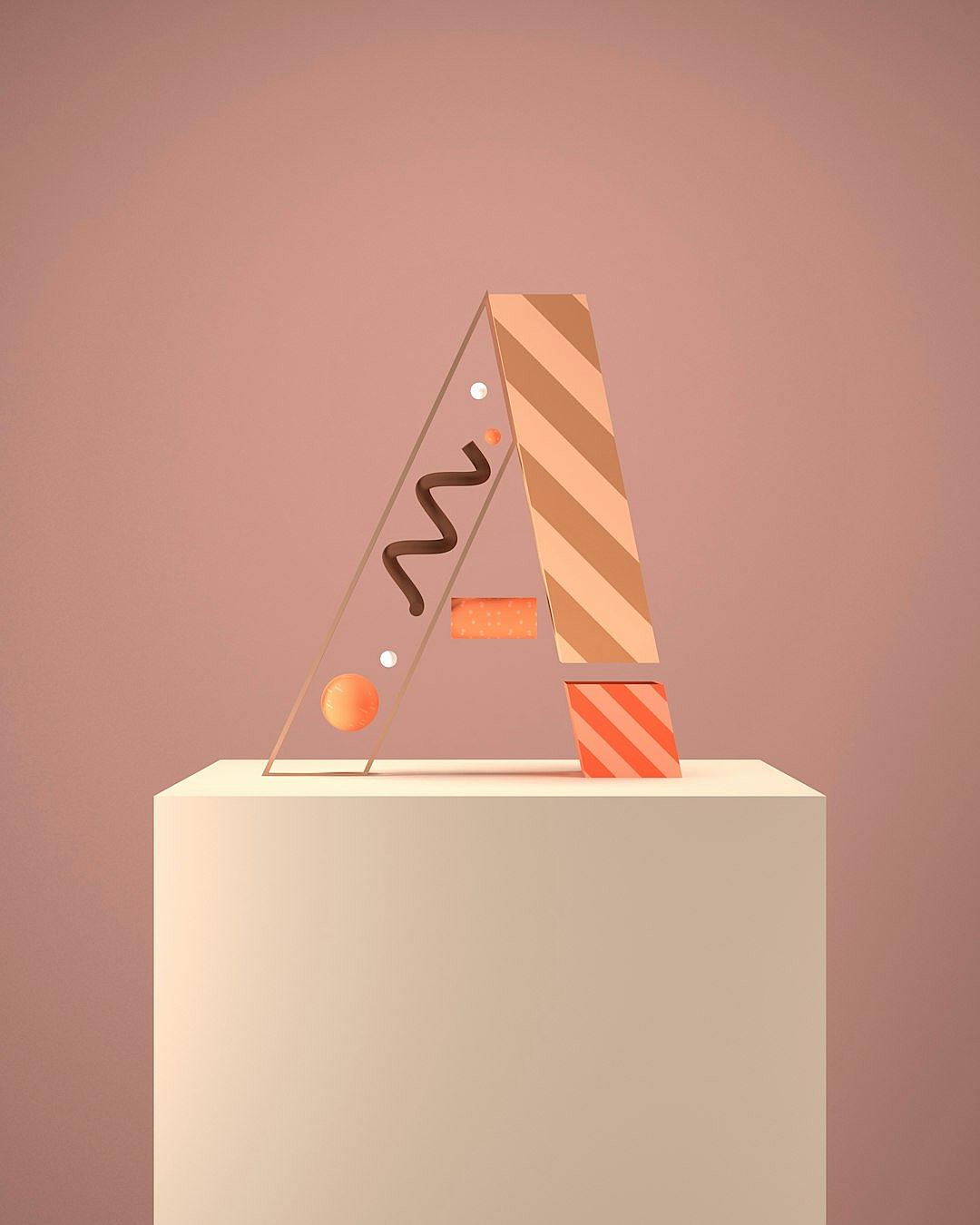 Create an illustration of the letter ‘A’ on top of a white pedestal, with a brown and peach color scheme. The design should feature geometric shapes in pink tones and have an abstract style, with some orange accents. It is set against a solid background in light beige, with soft lighting to highlight its texture. This piece conveys simplicity through minimalism while maintaining visual interest due to the use of various colors and patterns.