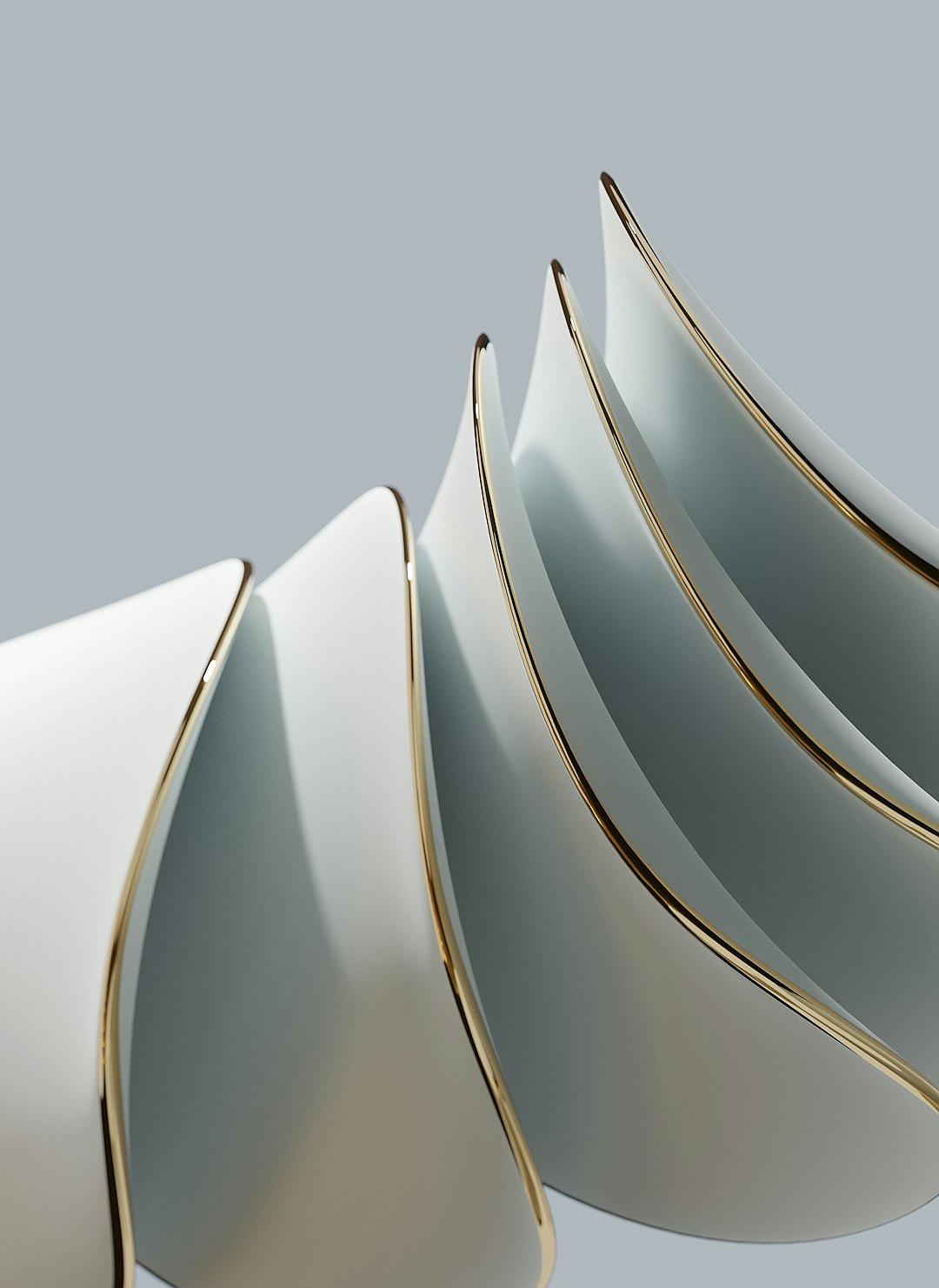 3D render of an abstract minimalistic porcelain and gold design, a closeup of the edges of three curved sheets with gold edging on one side, slightly overlapping each other in an organic shape, against a light grey background, soft lighting highlighting the delicate texture of the glossy white surface and subtle shimmering golden lines, creating a sense of depth and dimension in the style of a porcelain and gold design.