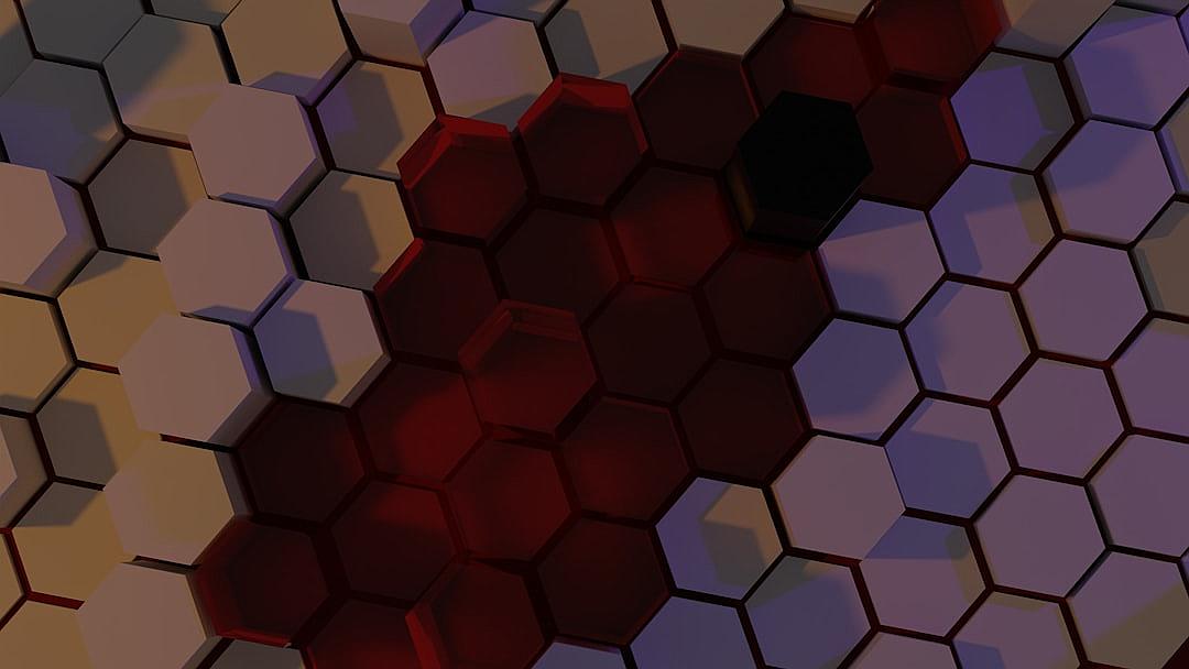 3d render of hexagon grid with dark red and purple colors