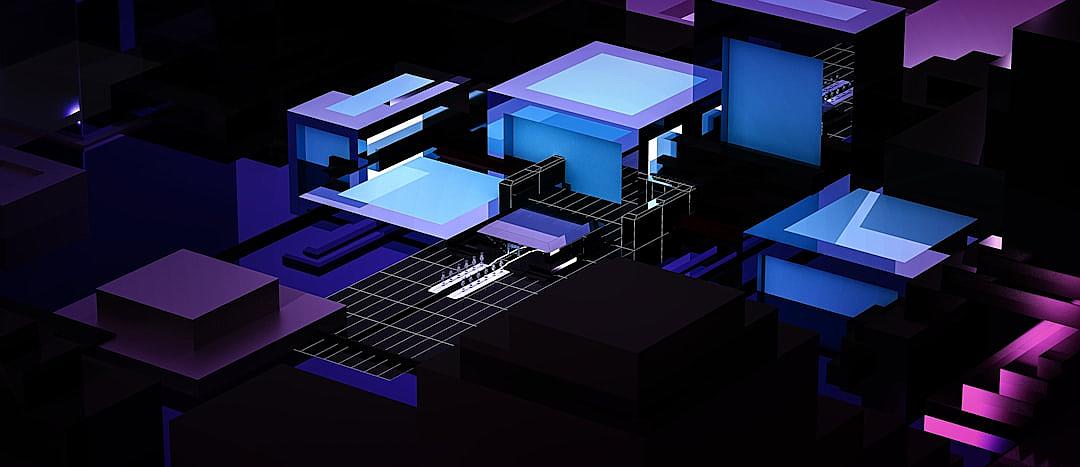 Isometric perspective of an architectural diagram, with several small blue and purple rectangular blocks placed on top of each other in dark space. The only light source is from one white glowing square box at the center of the scene, in the style of hyper realistic, cinematic lighting on a black background with high resolution photography.