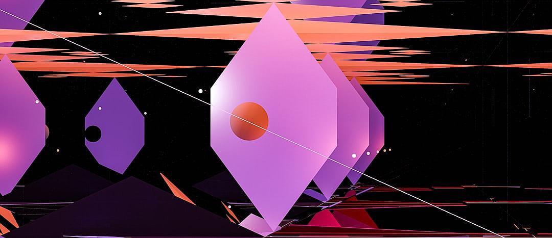 flat illustration of an abstract composition featuring purple geometric shapes, black background, orange and pink lines and dots, floating in the air, by [Moebius](https://goo.gl/search?artist%20Moebius), Giny vanvalkum, blacklight