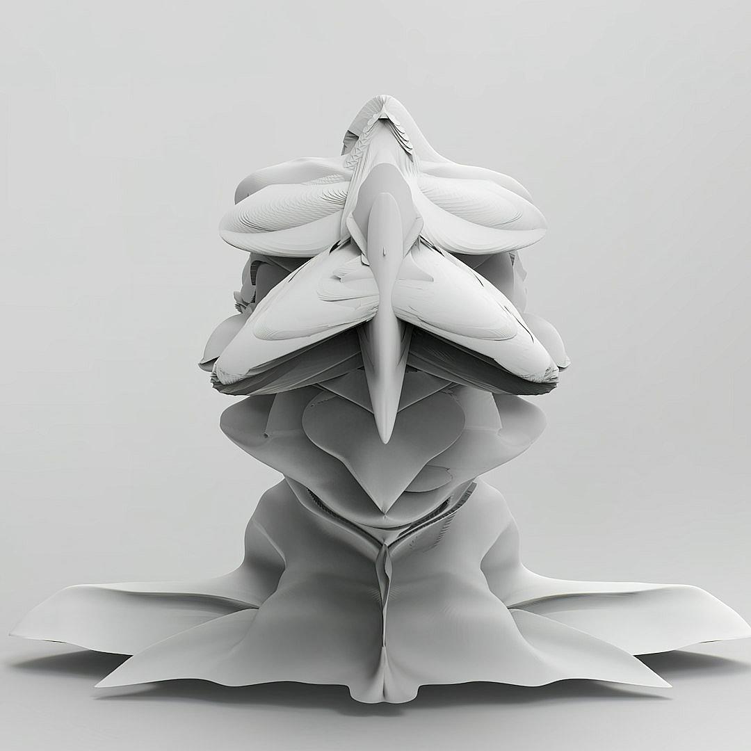 A white sculpture of an abstract animal head, with its front half covered in many petals and the back half composed of several large scales. It is symmetrical on both sides, with the bottom angle of view facing up from below, presented as an object with a gray background, and rendered in the style of zbrush software.