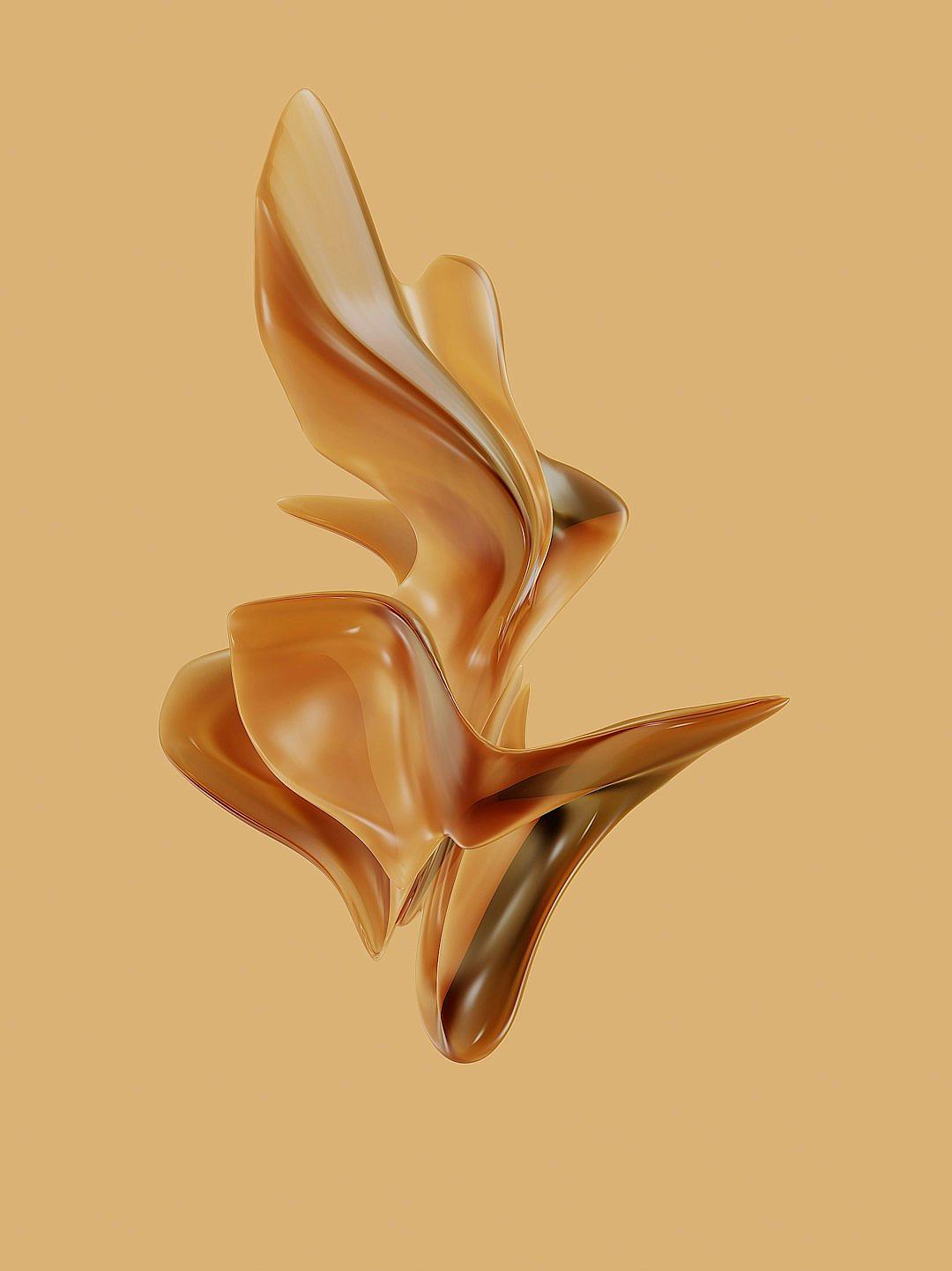 Minimalist, abstract surreal shapes in the form of flying petals made from brown plastic on a beige background in the style of a photorealistic octane render lit by studio lights.