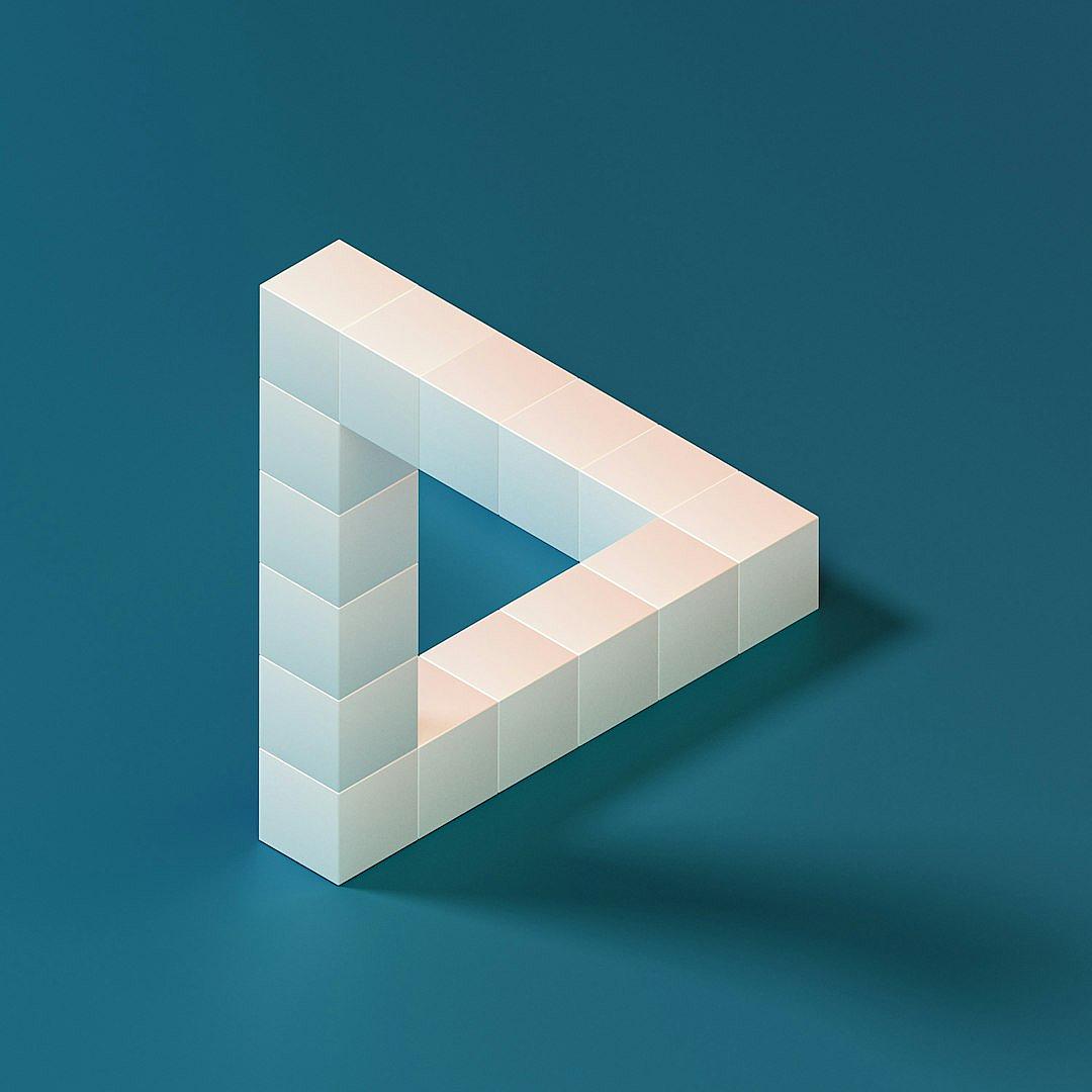 isometric view of an impossible white block triangle made out of blocks on a blue background, simple and minimalistic in the style of a logo design. graphic designer quality vector graphics, isomorphic, hyper realistic with pastel colors and soft shadows, high resolution rendered with octane, photorealistic and detailed with only simple shapes in the shape of ‘P’ and no text or letters.