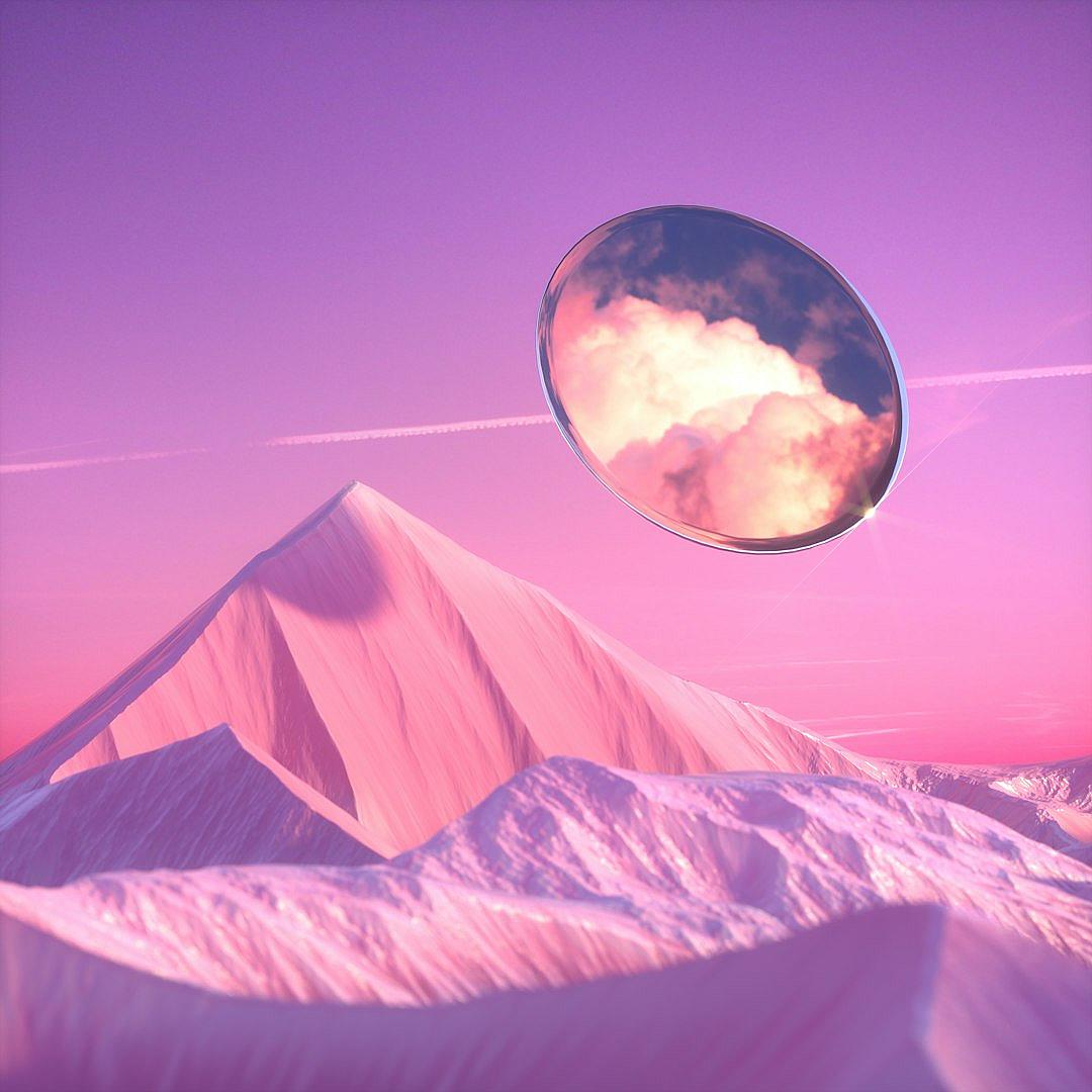 A pink sky with a cloud shaped like an oval, reflecting on the snowcapped mountain in the distance. In the center of the scene is a large mirror floating in midair. The mirror reflects light and creates a beautiful gradient effect. Surrealism style.