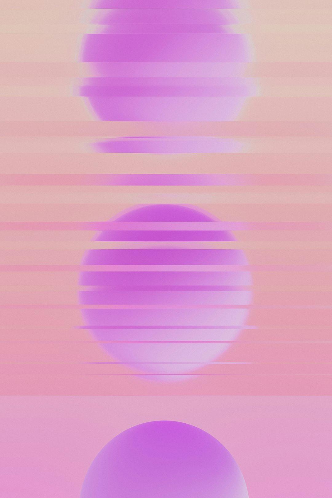 abstract minimalistic digital art, pink and purple gradient background with 3 large spheres in the middle of it, stripes of different sizes on the top and bottom, simple shapes, cute, pastel colors, grainy texture in the style of pastel colors.