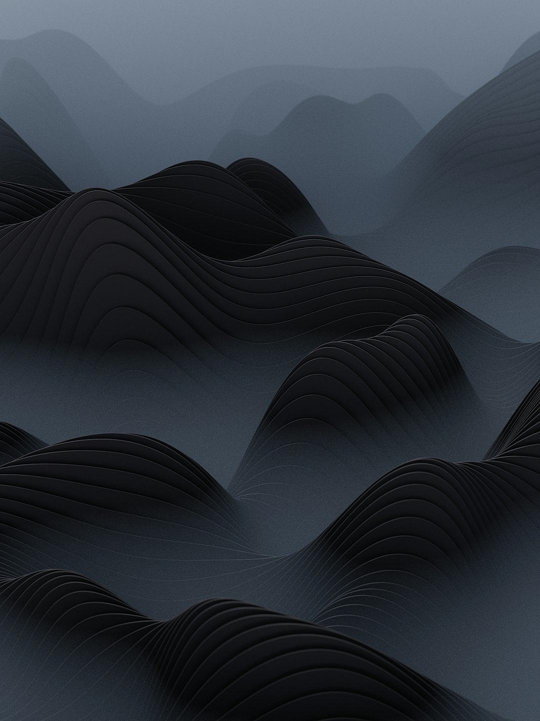 3D black lines of undulating hills on a dark grey background with fog. The style is reminiscent of in the style of Chinese artist [Shitao](https://goo.gl/search?artist%20Shitao).