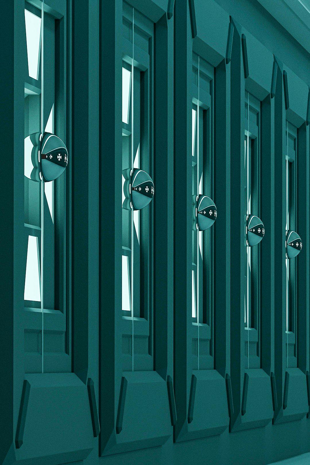 3d render of art deco style, a row of teal windows with little eyes on them