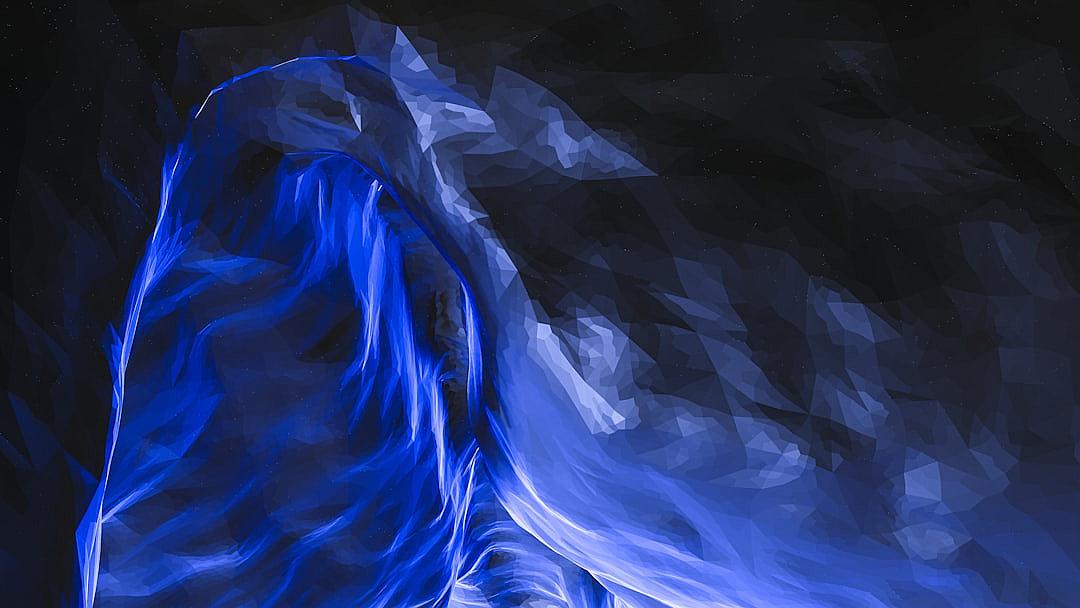 blue flame, background is black night sky, woman made of blue fire in the shape of an angel with long hair and flowing fabric in low poly style, vibrant colors, digital art, detailed character design, focus on materials textures, detailed shading, atmospheric lighting, full body shot