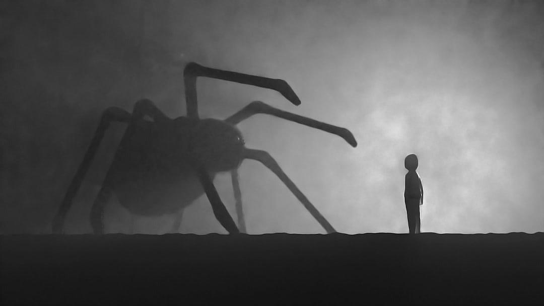 A small silhouette of an Asian child stands on the ground, facing away from us and looking up at a giant spider with long legs in front of him. The scene is depicted as black and white, with foggy lighting creating a mysterious atmosphere. It’s a simple yet powerful depiction that conveys fear or curiosity about what lies beyond his view. The focus is on the child’s face.