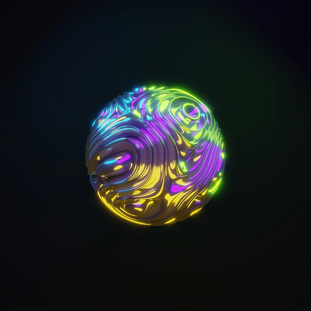 A glowing sphere with colorful fractal patterns, rendered in the style of cinema4d, against a black background. The sphere is illuminated by neon light and has intricate designs that create an otherworldly effect. It’s floating in the air with no gravity, adding to its ethereal appearance. The colors of the patterns include yellow, blue, purple, green, red, orange, pink, creating a vibrant contrast on the dark backdrop.