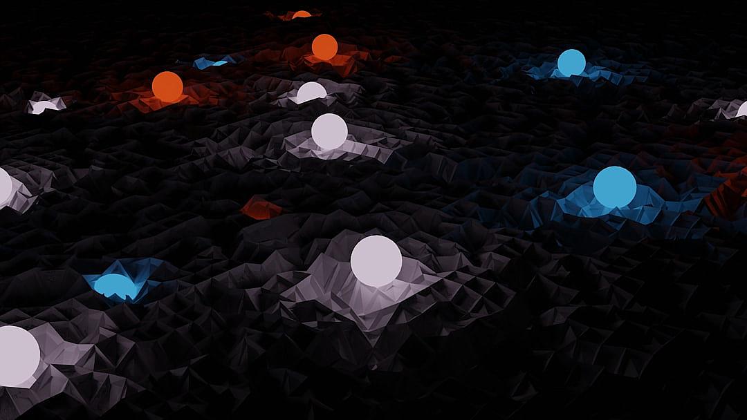 A low-poly black background with several glowing white spheres scattered around, some blue and orange glow on the edges of small grey hills in the style of minimal editing.